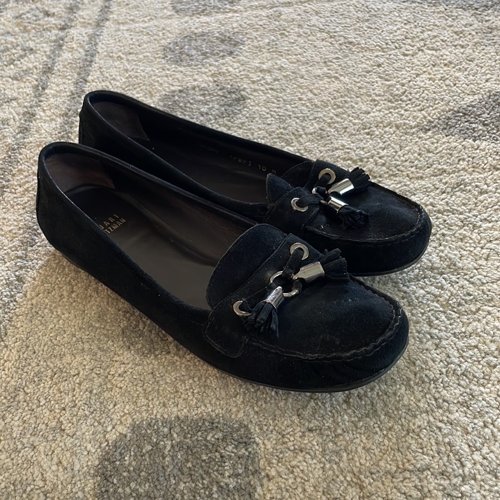Stuart Weitzman Womens Black Suede Tassel Loafers Moc Toe 10 10M Slip-on Flats